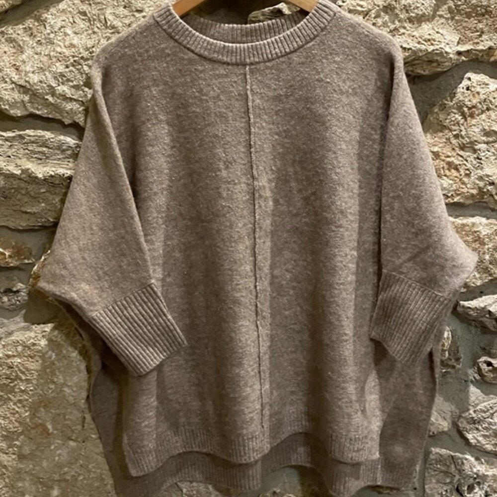 LOFT Outlet Neutral Knit Crew Neck Oversized 3/4 Length Sleeve Sweater NWT
